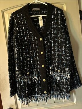 Anthropologie Black Tweed Cardigan with Blue and White Accents